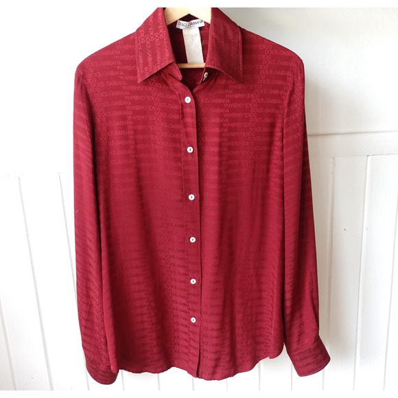 Vintage 90s Dolce & Gabbana Shirt Womens 44 Red Silk Logo Print Button Up Blouse